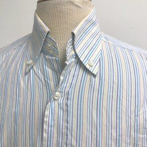 Loro Piana white blue yellow button down collar stripe cotton shirt italy 15.5 M